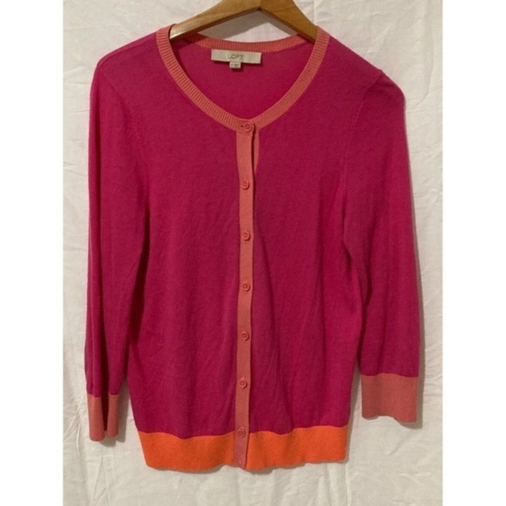 LOFT Cardigan‎ Sweater Women M Pink Colorblock 3/4 Sleeve Knit Core Classic Prep